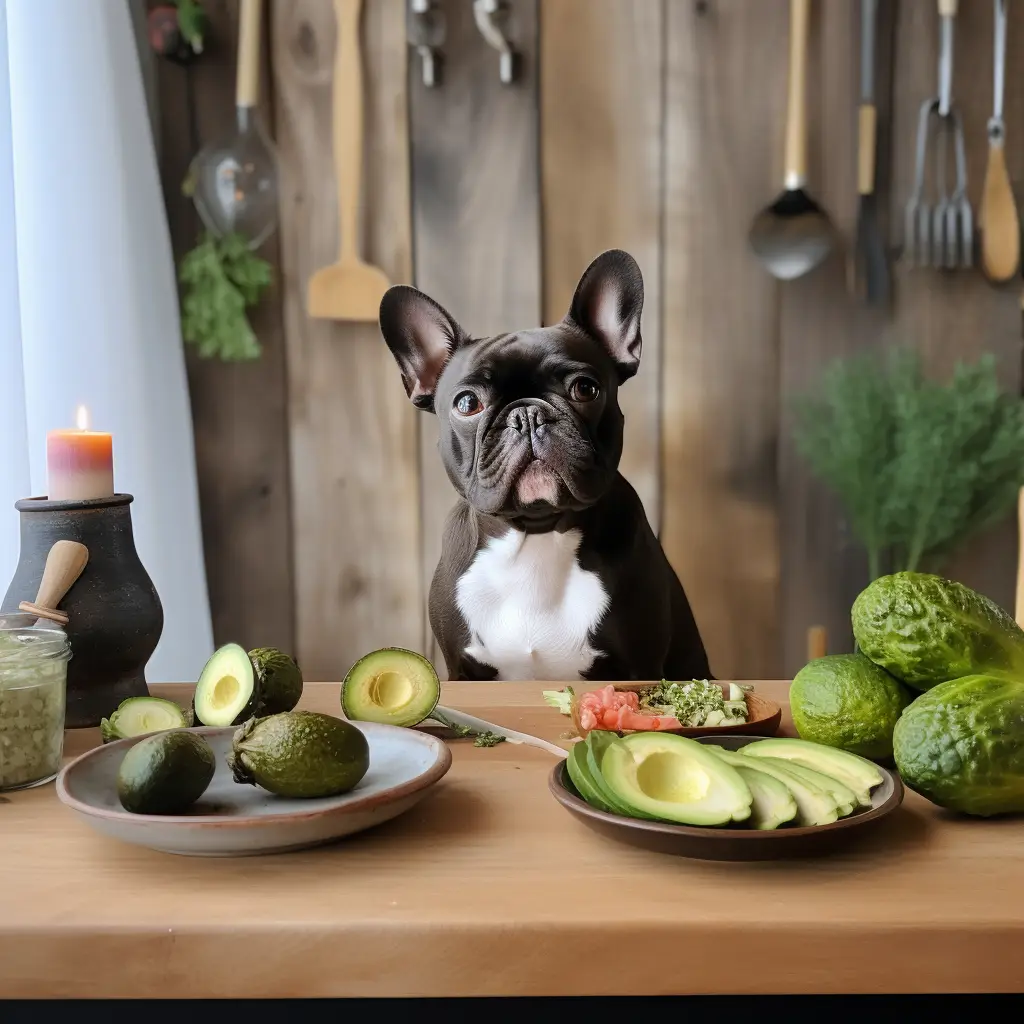 French Bulldog with avocados