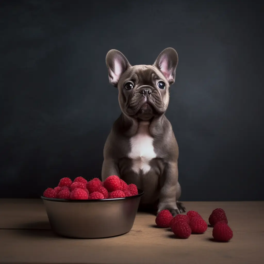 French bulldog with a bowl of raspberries