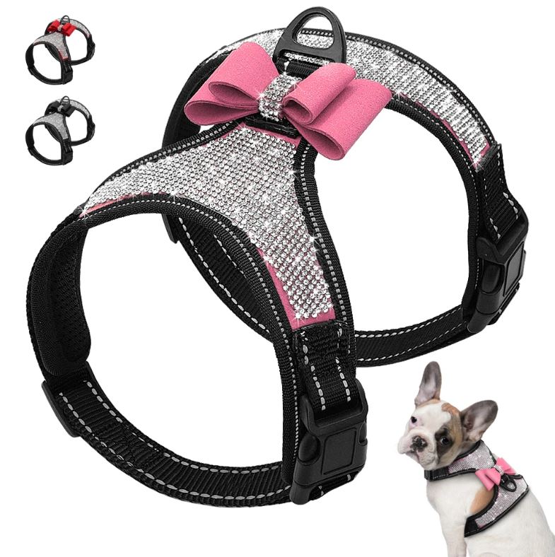 Bow-Rhinestone-French-Bulldog-Harness pink